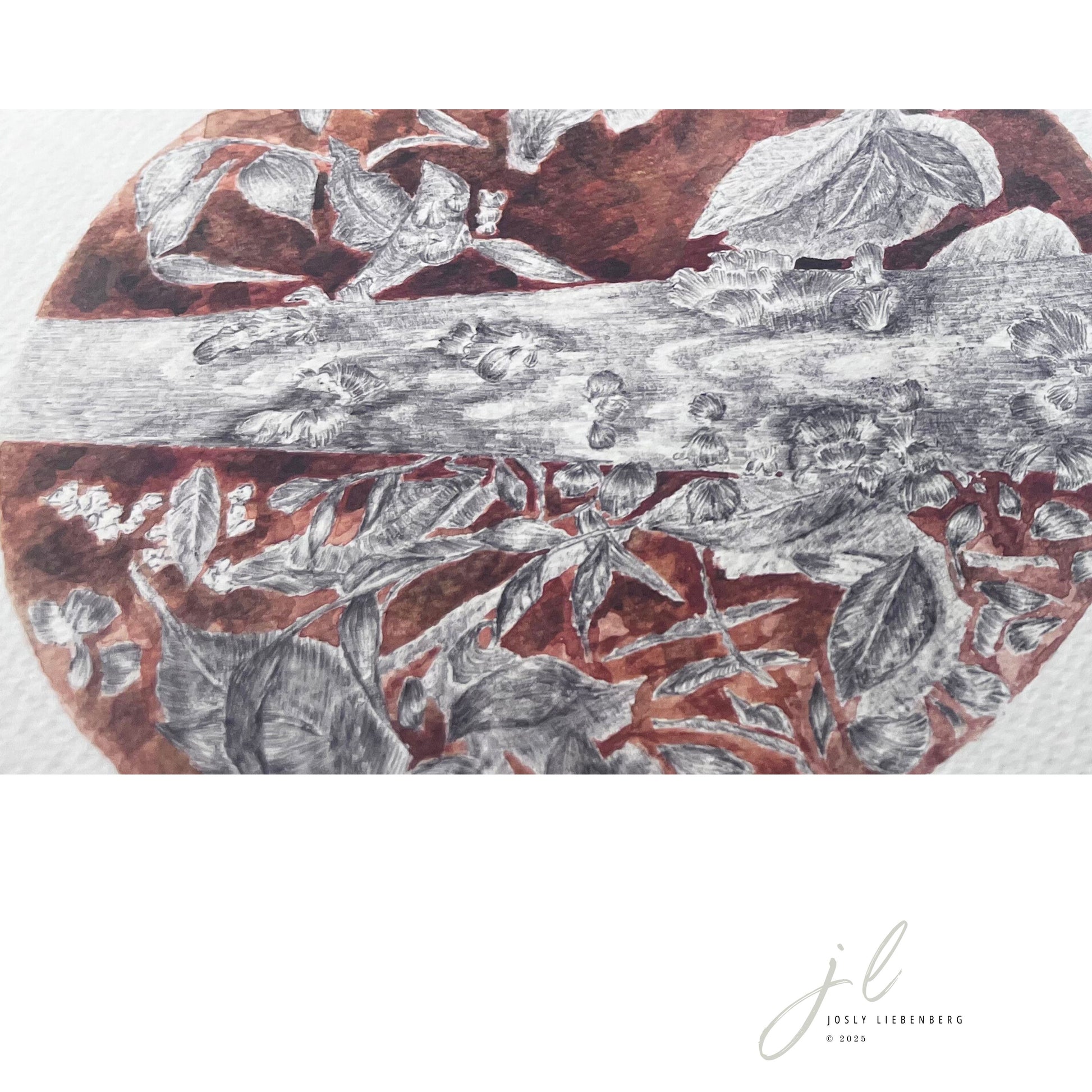 Detail of ink and watercolour on Fabriano artwork